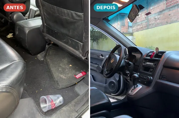Interior do Honda CR-V com copo e sujeira no tapete antes e limpo depois