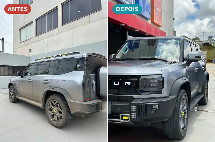 Jetour T2 cinza coberto de poeira antes e limpo depois da lavagem