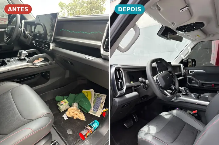 Assoalho do Jetour T2 com lixo antes e o interior limpo depois