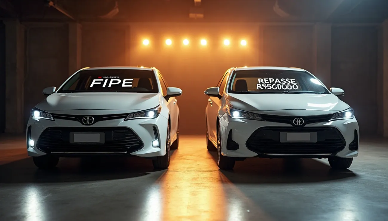 Two white Toyota cars side by side in a dim garage, one labeled FIPE and the other labeled Repasse R$50000.
